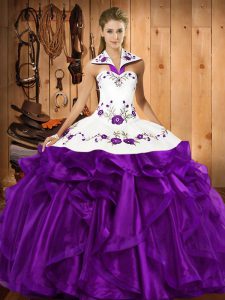 Purple Organza Lace Up Halter Top Sleeveless Floor Length 15th Birthday Dress Embroidery and Ruffles