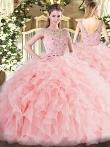 Baby Pink Zipper Bateau Beading and Ruffles Quinceanera Gowns Tulle Sleeveless