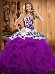 Attractive Satin and Organza Sweetheart Sleeveless Lace Up Embroidery and Ruffles Quinceanera Dresses in Eggplant Purple