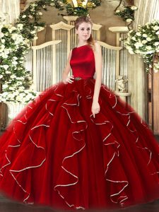 Wine Red Sleeveless Ruffles Floor Length Sweet 16 Dress