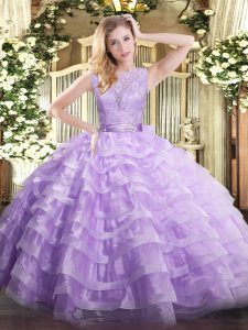 Lavender Ball Gowns Lace and Ruffled Layers Sweet 16 Dresses Backless Organza Sleeveless Floor Length