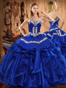 Royal Blue Sleeveless Floor Length Embroidery and Ruffles Lace Up Quinceanera Dresses