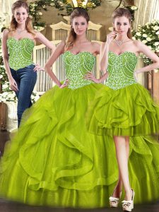 Dynamic Three Pieces Organza Sweetheart Sleeveless Beading and Ruffles Floor Length Lace Up Vestidos de Quinceanera
