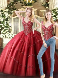 Tulle V-neck Sleeveless Lace Up Beading 15th Birthday Dress in Wine Red