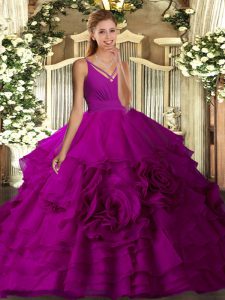 Fuchsia Ball Gowns V-neck Sleeveless Fabric With Rolling Flowers With Train Sweep Train Backless Ruching Ball Gown Prom Dress
