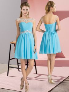 Cheap Aqua Blue Homecoming Dress Prom and Party with Beading Scoop Cap Sleeves Lace Up