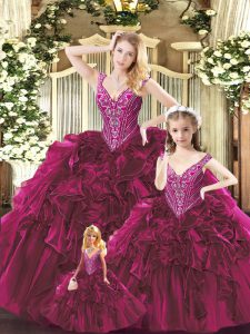 Flirting Floor Length Lace Up Sweet 16 Quinceanera Dress Red for Military Ball and Sweet 16 and Quinceanera with Beading and Ruffles