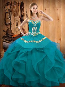 Fitting Sweetheart Sleeveless Quince Ball Gowns Floor Length Embroidery and Ruffles Teal and Turquoise Organza