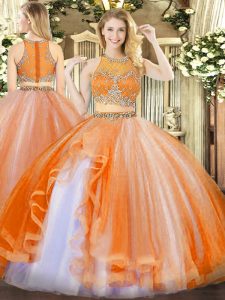 Sleeveless Floor Length Beading and Ruffles Zipper Sweet 16 Quinceanera Dress with Orange Red