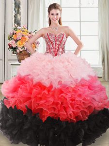 Deluxe Multi-color Organza Lace Up Sweetheart Sleeveless Floor Length Sweet 16 Dress Beading and Ruffles