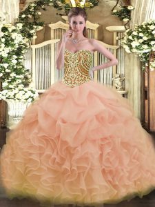 New Arrival Sweetheart Sleeveless Lace Up 15th Birthday Dress Peach Organza