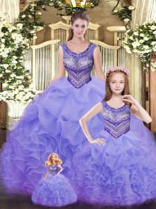 Lavender Ball Gowns Organza Scoop Sleeveless Beading and Ruffles Floor Length Lace Up Quinceanera Gown