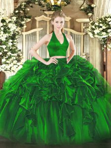 Glittering Green Organza Zipper Halter Top Sleeveless Floor Length Sweet 16 Quinceanera Dress Ruffles