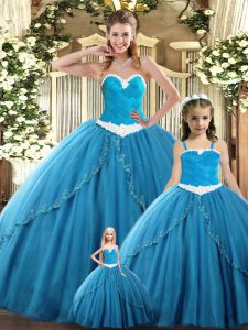 Sleeveless Tulle Floor Length Lace Up Quinceanera Gown in Teal with Ruching