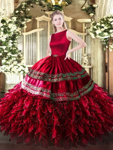Fabulous Sleeveless Satin and Organza Floor Length Clasp Handle Ball Gown Prom Dress in Wine Red with Ruffled Layers