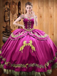 Fuchsia Ball Gowns Off The Shoulder Sleeveless Satin and Organza Floor Length Lace Up Beading and Embroidery Vestidos de Quinceanera