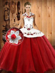 Embroidery Quinceanera Gowns Wine Red Lace Up Sleeveless Floor Length