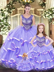 Artistic Lilac Sleeveless Beading and Ruffled Layers Floor Length 15th Birthday Dress
