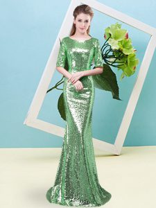 Sexy Green Mermaid Sequins Dress for Prom Zipper Sequined Half Sleeves Floor Length
