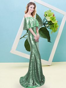Turquoise Mermaid Sequins Evening Dress Zipper Sequined Short Sleeves Floor Length