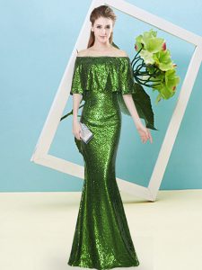 Shining Green Mermaid Sequins Prom Dresses Zipper Sequined Half Sleeves Floor Length