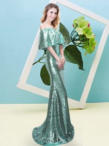 Exceptional Apple Green Zipper Prom Dress Sequins Half Sleeves Floor Length