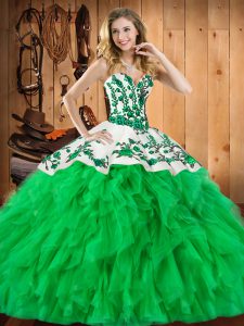 Trendy Sweetheart Sleeveless Satin and Organza Quinceanera Dress Embroidery and Ruffles Lace Up