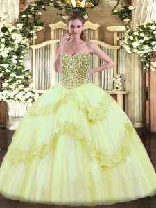 Yellow Green Sweet 16 Dress Military Ball and Sweet 16 and Quinceanera with Beading and Appliques Sweetheart Sleeveless Lace Up
