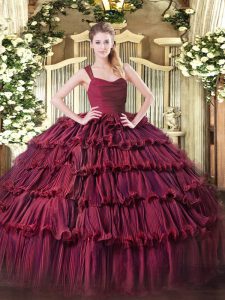Captivating Sleeveless Floor Length Ruffled Layers Zipper Quinceanera Dresses with Burgundy