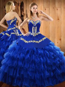 Traditional Floor Length Blue 15 Quinceanera Dress Satin and Organza Sleeveless Embroidery and Ruffled Layers