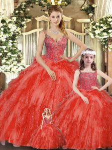 Red Ball Gowns Straps Sleeveless Organza Floor Length Lace Up Beading and Ruffles Ball Gown Prom Dress
