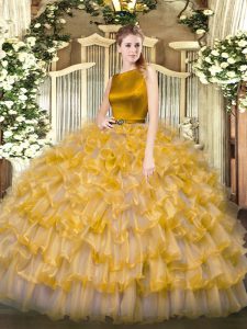 Traditional Sleeveless Organza Floor Length Clasp Handle Sweet 16 Dresses in Gold with Ruffled Layers