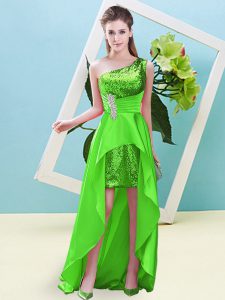 High Low Dress for Prom Elastic Woven Satin and Sequined Sleeveless Beading and Sequins