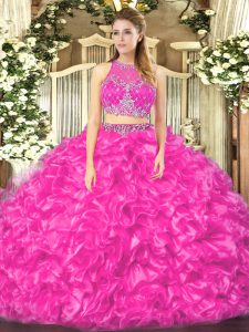 Fancy Fuchsia Ball Gowns Scoop Sleeveless Organza Floor Length Zipper Beading and Ruffles 15 Quinceanera Dress