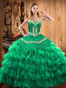 Sweet Sleeveless Floor Length Embroidery and Ruffled Layers Lace Up Sweet 16 Quinceanera Dress with Green