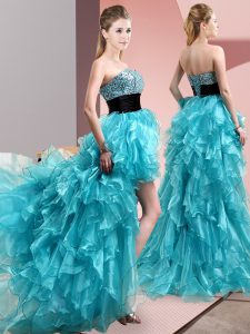 Vintage Sweetheart Sleeveless Prom Party Dress High Low Beading and Ruffles Aqua Blue Organza