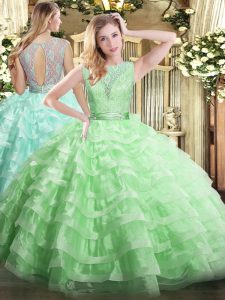 Dazzling Apple Green Ball Gowns Organza Scoop Sleeveless Lace and Ruffled Layers Floor Length Backless Sweet 16 Quinceanera Dress