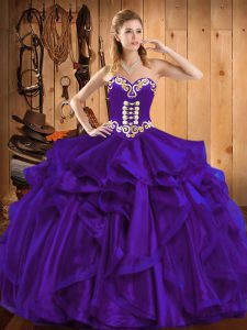 Floor Length Lace Up Sweet 16 Quinceanera Dress Purple for Military Ball and Sweet 16 and Quinceanera with Embroidery and Ruffles