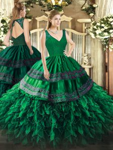 Top Selling Floor Length Dark Green Sweet 16 Dress Organza Sleeveless Beading and Lace and Ruffles