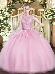 Baby Pink Scoop Neckline Lace Ball Gown Prom Dress Sleeveless Backless