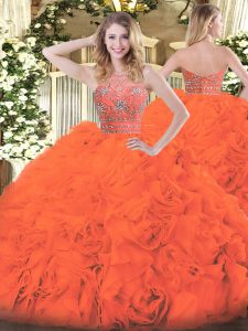 Orange Red Ball Gowns Halter Top Sleeveless Tulle Floor Length Zipper Beading and Ruffles Ball Gown Prom Dress