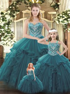 Sweetheart Sleeveless Lace Up Quinceanera Gowns Teal Organza