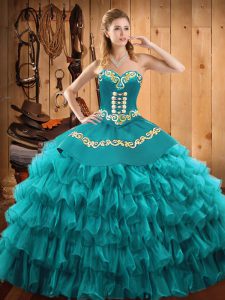 Floor Length Teal 15th Birthday Dress Sweetheart Sleeveless Lace Up