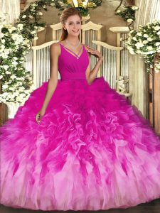 Fitting Ball Gowns 15th Birthday Dress Multi-color V-neck Tulle Sleeveless Floor Length Backless