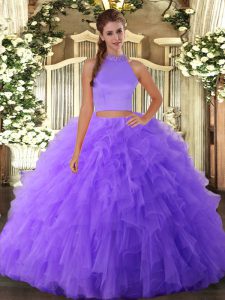 Lavender Two Pieces Tulle Halter Top Sleeveless Beading and Ruffles Floor Length Backless Sweet 16 Quinceanera Dress
