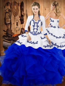 Blue Satin and Organza Lace Up Strapless Sleeveless Floor Length 15 Quinceanera Dress Embroidery and Ruffles