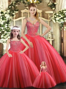 Beading Quinceanera Dress Coral Red Lace Up Sleeveless Floor Length