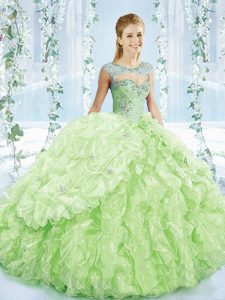 Dazzling Sleeveless Brush Train Beading and Ruffles and Pick Ups Lace Up 15 Quinceanera Dress