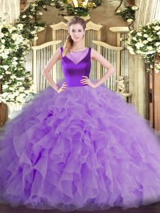 Comfortable Organza Scoop Sleeveless Side Zipper Beading and Ruffles Quinceanera Gown in Lavender