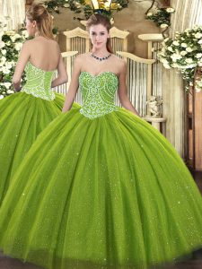 Enchanting Sweetheart Sleeveless Quinceanera Gown Floor Length Beading Olive Green Tulle